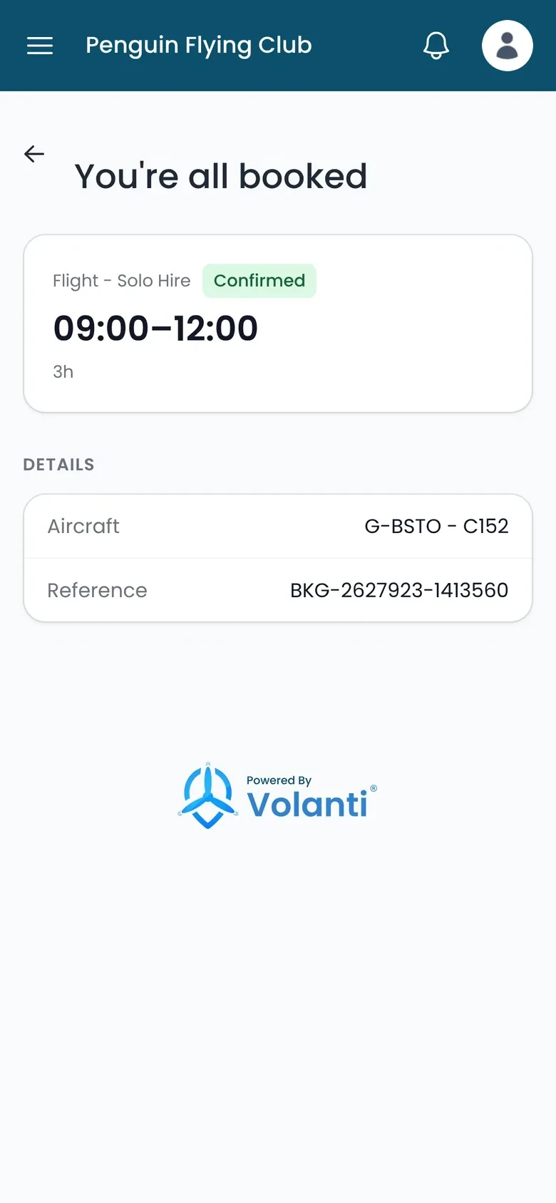 A booking confirmation on a phone: the flight, time and aircraft, and a booking reference