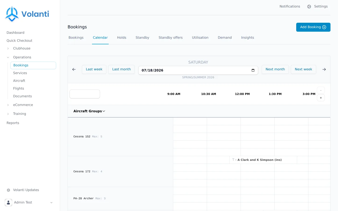 The Volanti booking calendar with live aircraft and instructor availability