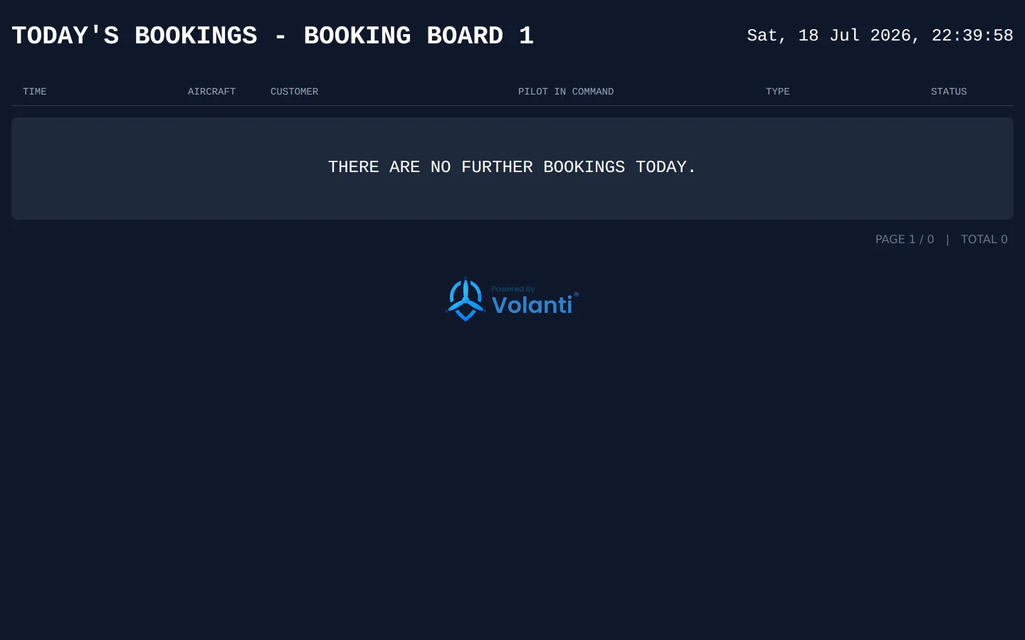 A live booking display board showing today's flights, made for the ops-room TV