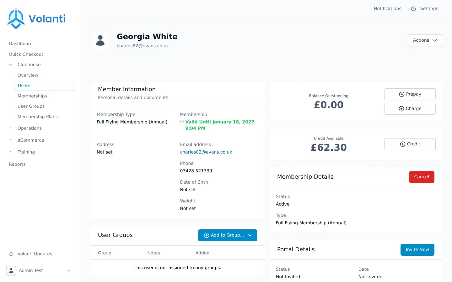 A member record in Volanti showing membership status, licences and contact details