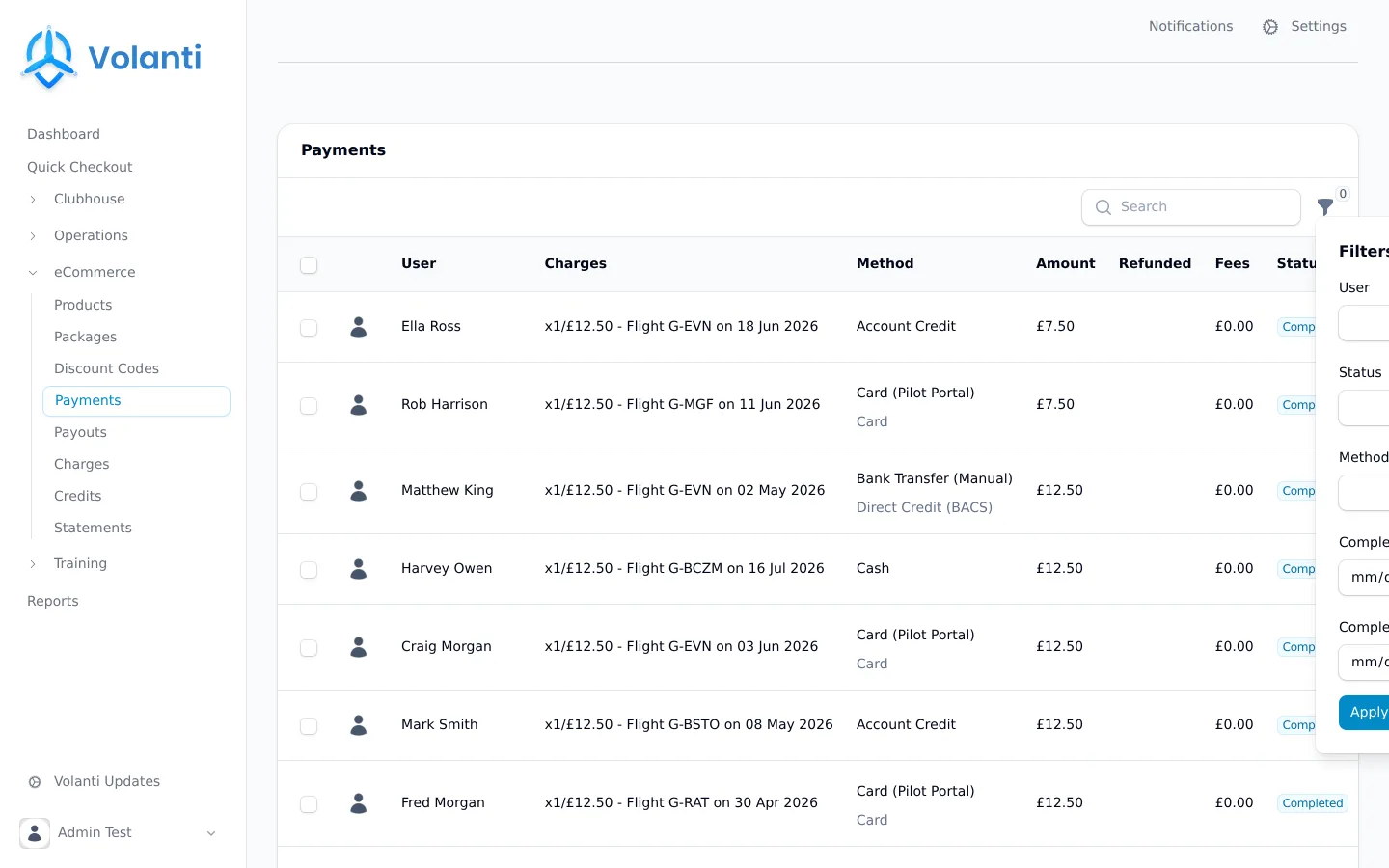 Volanti payments showing charges, balances and settlement